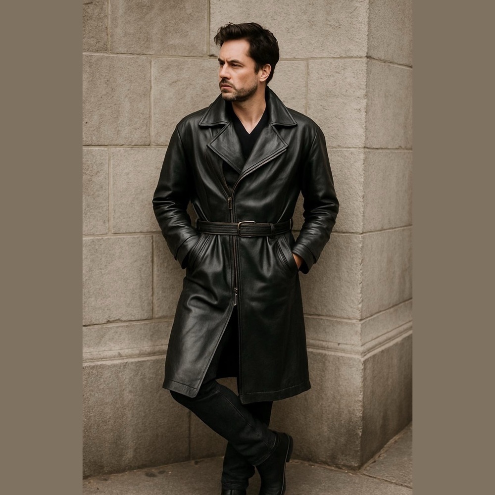 BLACK LEATHER BELTED GRUNGE PUNK GOTH TRENCH COAT FRENCH VERSION FRANCAISE SZ L - Picture 1 of 17